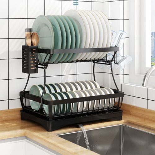 Edényszárító csepegtető tálcával kétszintes fekete (dish-rack-black-5-2-layer-DRB-5-2)  1 kép