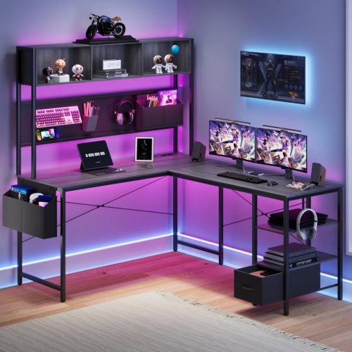 L alakú Gamer asztal, íróasztal 120*48*152cm, fekete LED világítással, hálózati elosztóval 1 kép